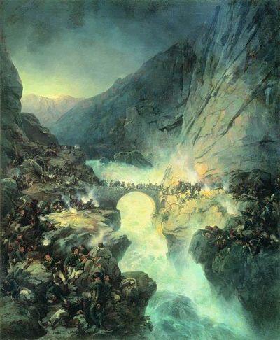 Бой на Чертовом мосту 14 сентября 1799 года. Картина A.E. Коцебу, 1857-1858 гг. Бой на Чертовом мосту 14 сентября 1799 года. Картина A.E. Коцебу, 1857-1858 гг.